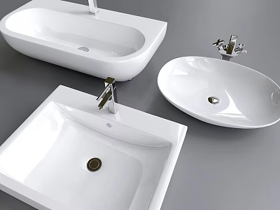 Modern White Ceramic Washbasins With Different Shapes And Faucets For Bathroom Design 3d model