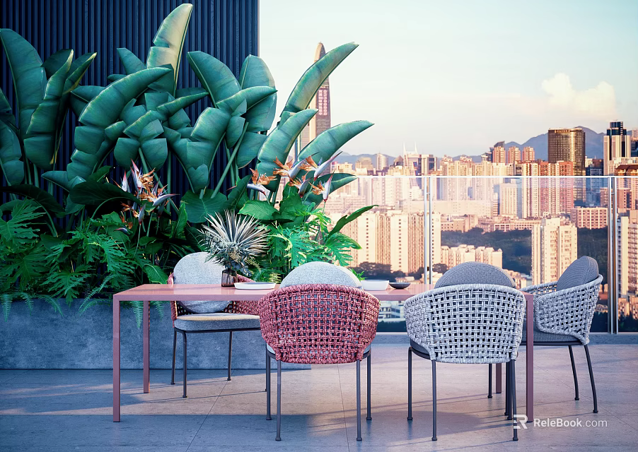Outdoor Table with Red and White Rattan Chairs Green Plants and City View Balcony 3d model 
