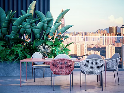 Outdoor Table with Red and White Rattan Chairs Green Plants and City View Balcony 3d model