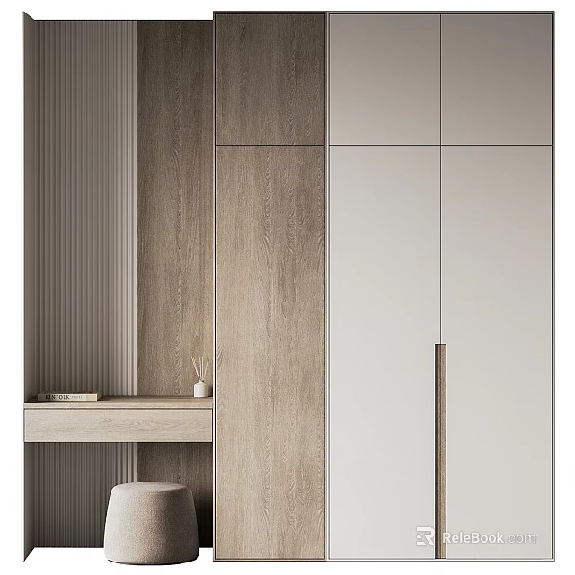 Modern Wooden And White Panel Wardrobe Interior With Side Table And Stool Design 3d model 
