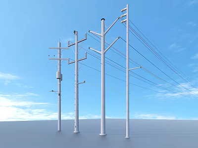 Industrial Utility Poles With Power Lines Against Clear Blue Sky Background 3d model