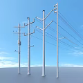 Industrial Utility Poles With Power Lines Against Clear Blue Sky Background