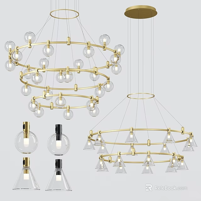 Modern Chandeliers With Gold Circular Frame And Various Bulb Shapes 3d model 