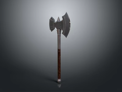 Medieval Battle Axe Weapon With Double Metal Blades And Wooden Carved Handle 3d model
