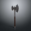 Medieval Battle Axe Weapon With Double Metal Blades And Wooden Carved Handle