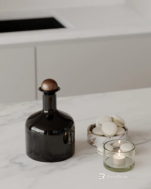 Elegant Decorative Ornament Set With Black Glass Bottle Brown Cap Macarons And Candle Holder 3d model 
