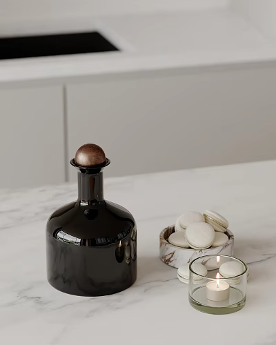 Elegant Decorative Ornament Set With Black Glass Bottle Brown Cap Macarons And Candle Holder 3d model