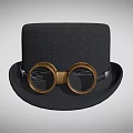 Vintage Black Wool Top Hat With Brass Frame Goggles And Steampunk Style