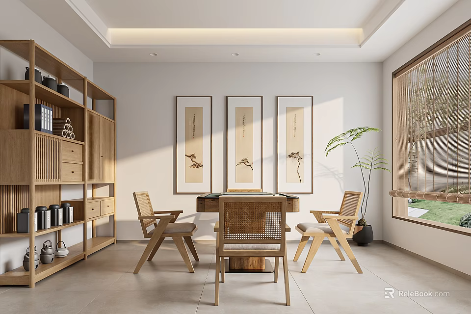 Hotel Chess And Card Room With Wooden Furniture Traditional Paintings Comfortable Chairs And Green Plants 3d model 