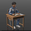 Man in Blue and White Tracksuit Sitting at Desk Reading Open Book