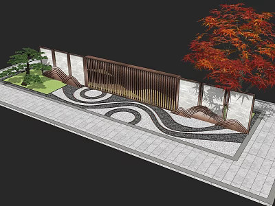 Wooden Lattice Landscape Wall With Wavy Pavement Red Maple Tree And Green Plants 3d model