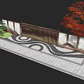 Wooden Lattice Landscape Wall With Wavy Pavement Red Maple Tree And Green Plants