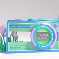 Camera Shaped Photo Check In Spot With Pink Tulips And Neon Lights