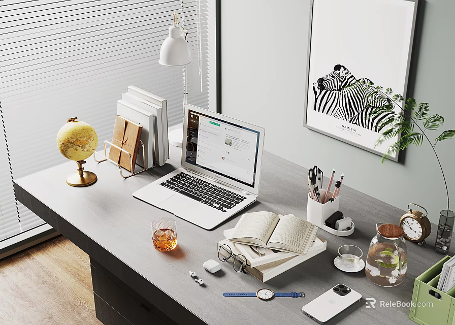 Laptop On Modern Office Desk With Globe Notebook Stationery Zebra Art Blinds And Green Plant 3d model 