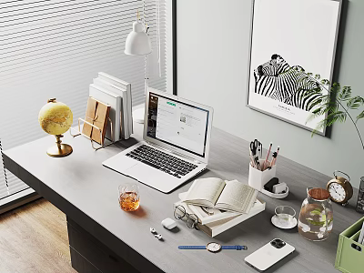 Laptop On Modern Office Desk With Globe Notebook Stationery Zebra Art Blinds And Green Plant 3d model