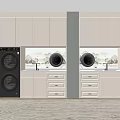 Organized Modern Laundry Room With Washing Machines Dryers And White Cabinets