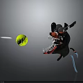 Black Cartoon Creature Character With Red Nose Sharp Teeth Holding Weapon Near Yellow Tennis Ball