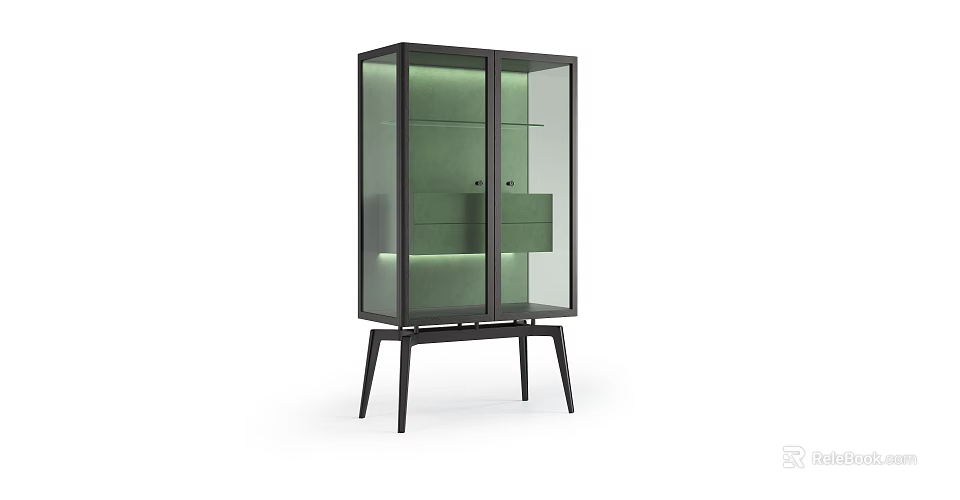 Tall Modern Wine Cabinet with Glass Doors LED Lighting and Black Wooden Legs 3d model 