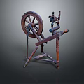 Antique Wooden Spinning Wheel With Large Wheel And Wooden Support Structure