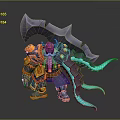 Orange Black Armored Fantasy Warrior Character With Giant Spiked Blade And Teal Tentacles