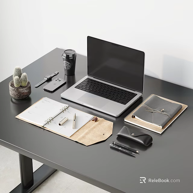 Open Laptop on Black Desk with Coffee Cup Cactus Plant Open Notebooks and Office Supplies 3d model 