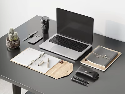 Open Laptop on Black Desk with Coffee Cup Cactus Plant Open Notebooks and Office Supplies 3d model