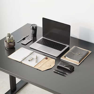 Open Laptop on Black Desk with Coffee Cup Cactus Plant Open Notebooks and Office Supplies 3d model