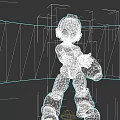 Blue Robot Game Character With Helmet Standing Pose Holding Arm Cannon