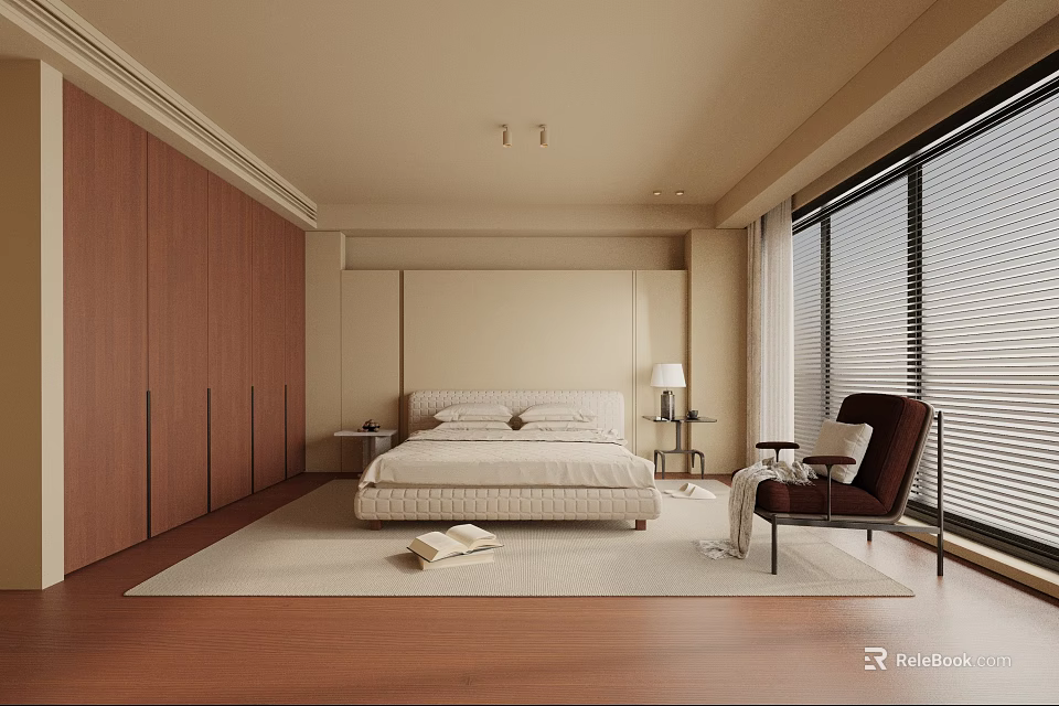 Modern Bedroom Interior Design With Wooden Wardrobes Large Bed Armchair And Large Windows With Blinds 3d model 