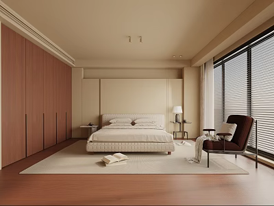 Modern Bedroom Interior Design With Wooden Wardrobes Large Bed Armchair And Large Windows With Blinds 3d model