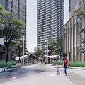 Modern Plaza Landscape with High Rise Buildings Trees Shaded Canopy Smooth Stone Pavement and People