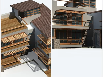 Modern Detached Villa Architecture With Wooden Balconies And Brown Roof Design 3d model