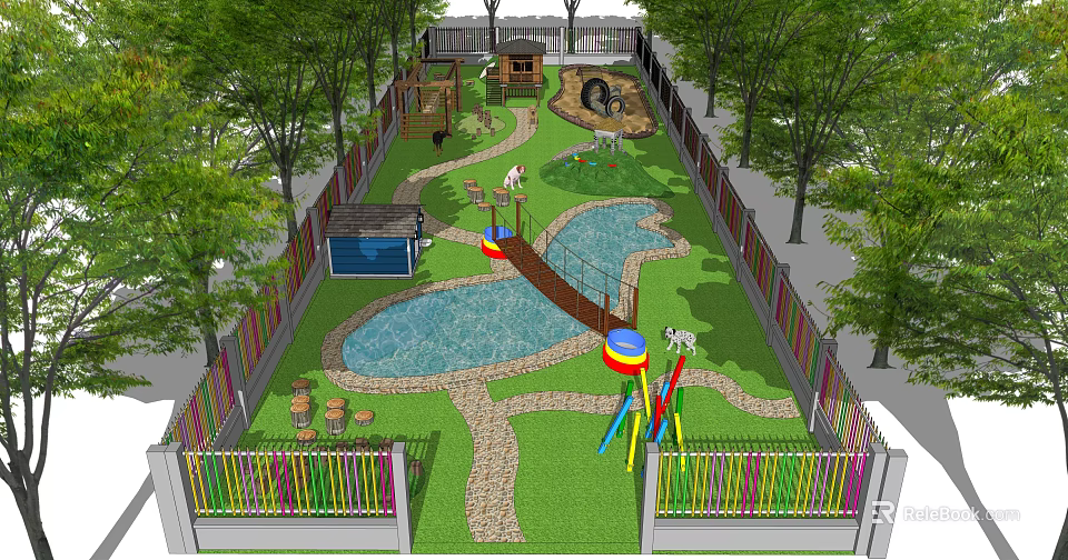 Kids Playground Design With Colorful Fence Slides Pond Wooden Bridge And Green Lawn 3d model 