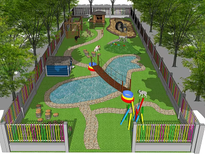 Kids Playground Design With Colorful Fence Slides Pond Wooden Bridge And Green Lawn 3d model