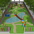 Kids Playground Design With Colorful Fence Slides Pond Wooden Bridge And Green Lawn
