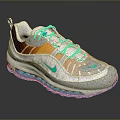 White and Orange Sports Sneakers with Green Laces Blue Air Cushion Sole and Swoosh Design