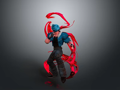 Man With Blue Hair Blue Shirt And Dark Pants Surrounded By Red Energy Action Effects 3d model
