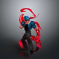 Man With Blue Hair Blue Shirt And Dark Pants Surrounded By Red Energy Action Effects