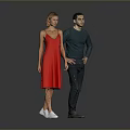 Two People Standing Together in Red Dress and Dark Green Shirt on Gray Background
