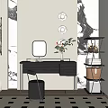 Modern Dressing Table With Metal Frame Vase Green Plant And Decorative Plates On Wall