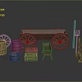 Vintage Wooden Equipment Collection Featuring Cart Barrels Boxes And Racks