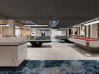 Modern Billiard Room With Multiple Green And Red Tables Marble Countertops And Area Rug 3d model