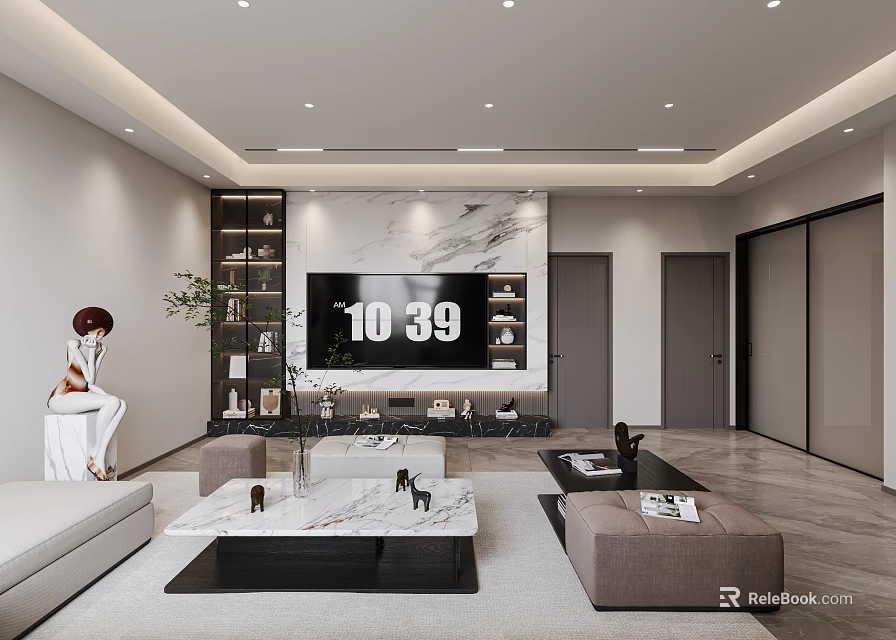 Modern Living Room Interior With Marble Accent Wall TV Sofa And Coffee Table 3d model 