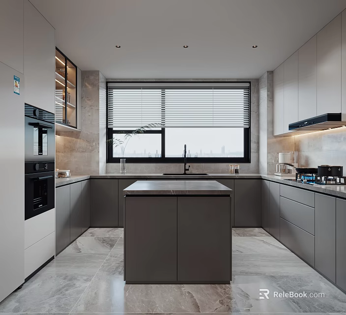 Modern Kitchen Interior With Central Island Countertop Cabinets Window Blinds And Appliances 3d model 