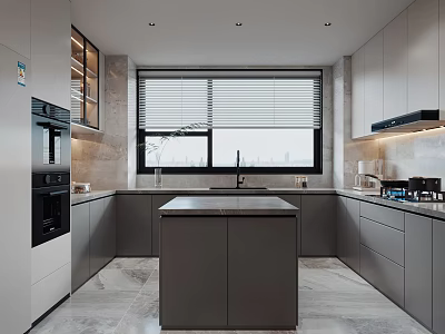 Modern Kitchen Interior With Central Island Countertop Cabinets Window Blinds And Appliances 3d model