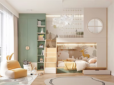 Cozy Children's Room Interior With Green Cabinets Bunk Bed And Wall Decor 3d model