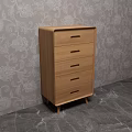 Natural Wooden Chest of Drawers with Five Drawers Against Floral Wallpaper and Gray Marble Floor