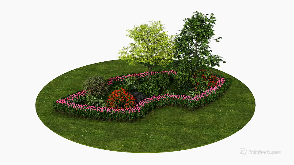 Urban Roadside Green Space with Circular Lawn Trees and Flower Beds 3d model 