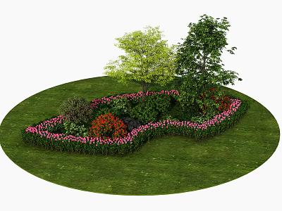 Urban Roadside Green Space with Circular Lawn Trees and Flower Beds 3d model