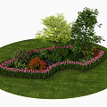 Urban Roadside Green Space with Circular Lawn Trees and Flower Beds